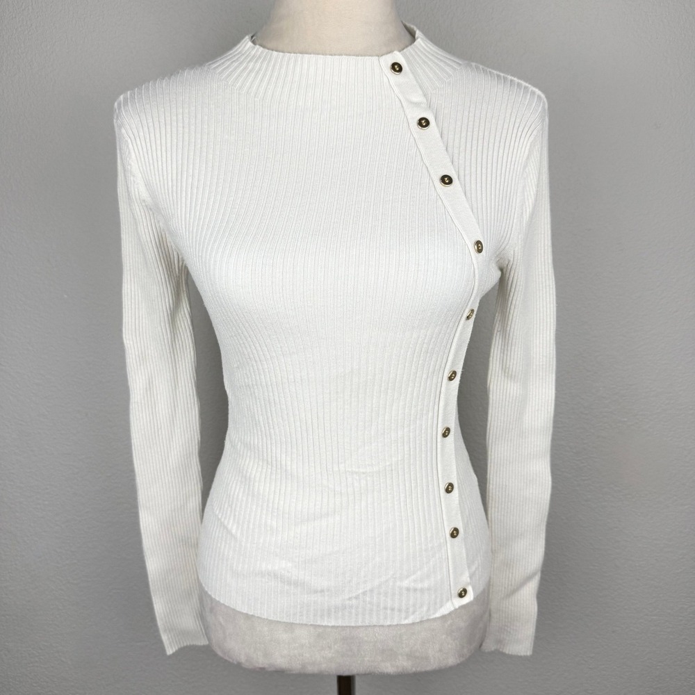 Zara Womens Off White Asymmetrical Gold Button Ribbed Mock Neck Sweater Sz Small